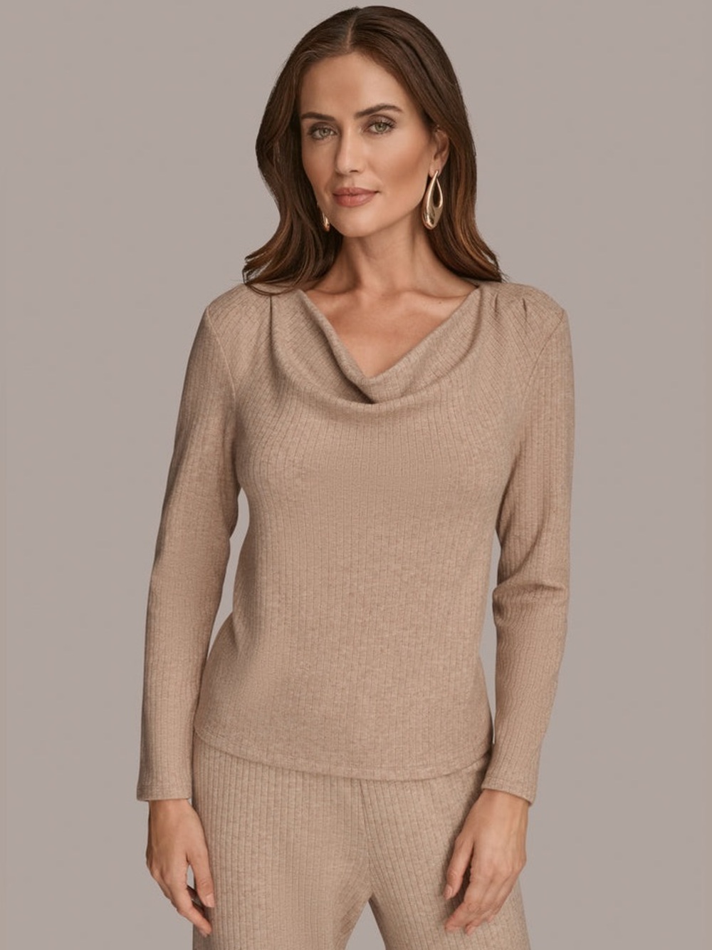 Donna Karan New York Metallic Ribbed Knit Cowl Neck Top Polished Classic Chic